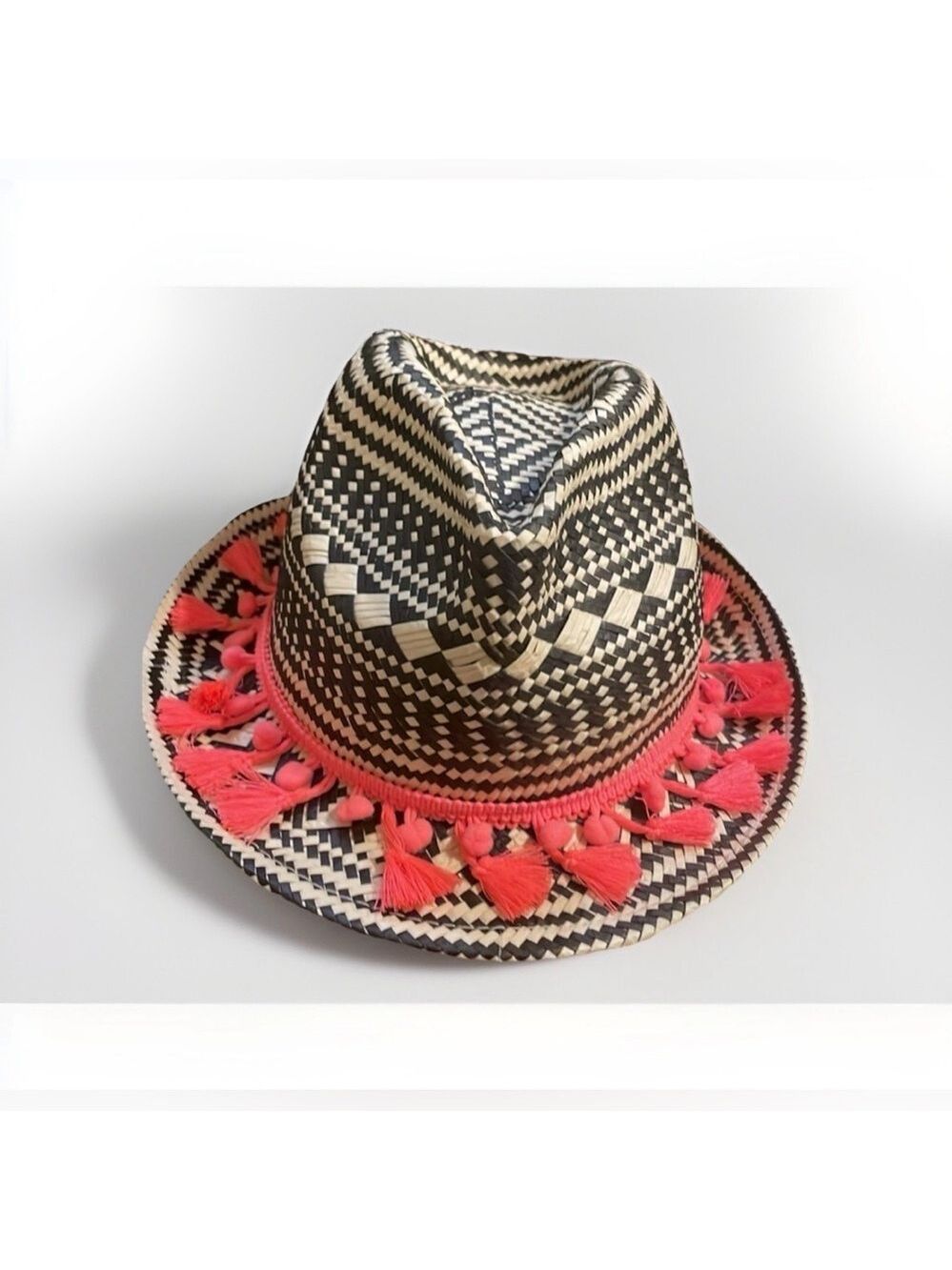 Express Black and White Woven Hat with Peach Tassels